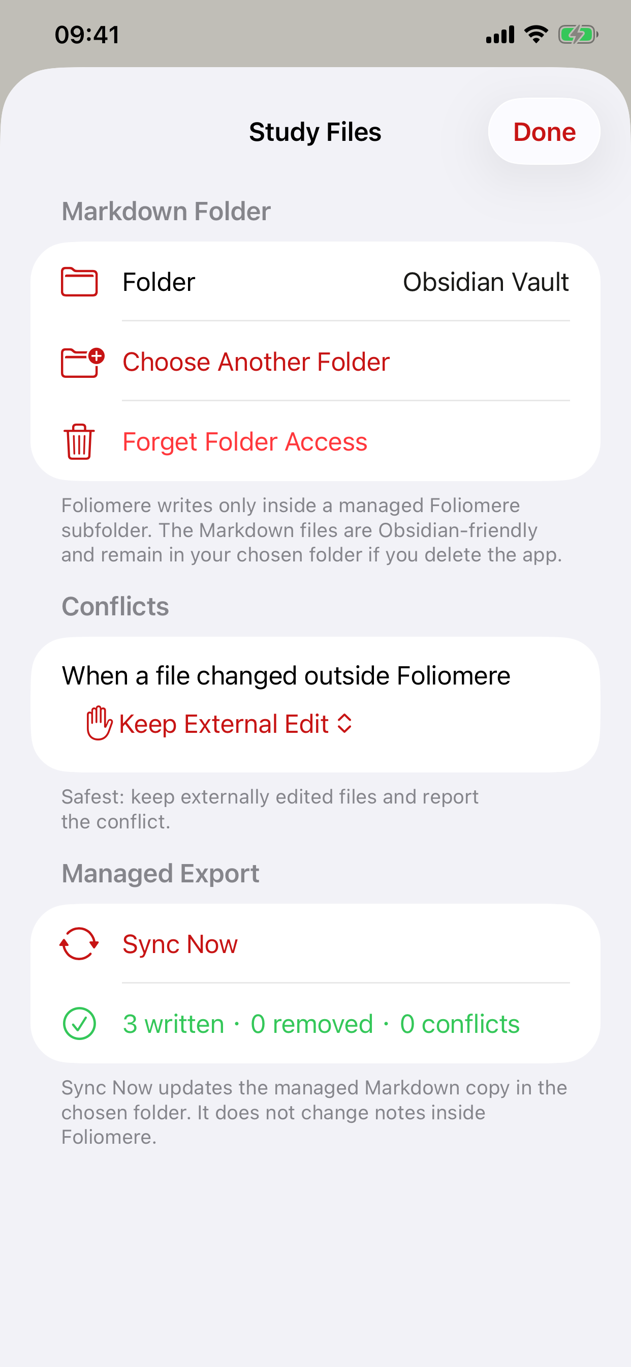 Foliomere Study Files showing the selected Obsidian Vault, Keep External Edit, and Sync Now