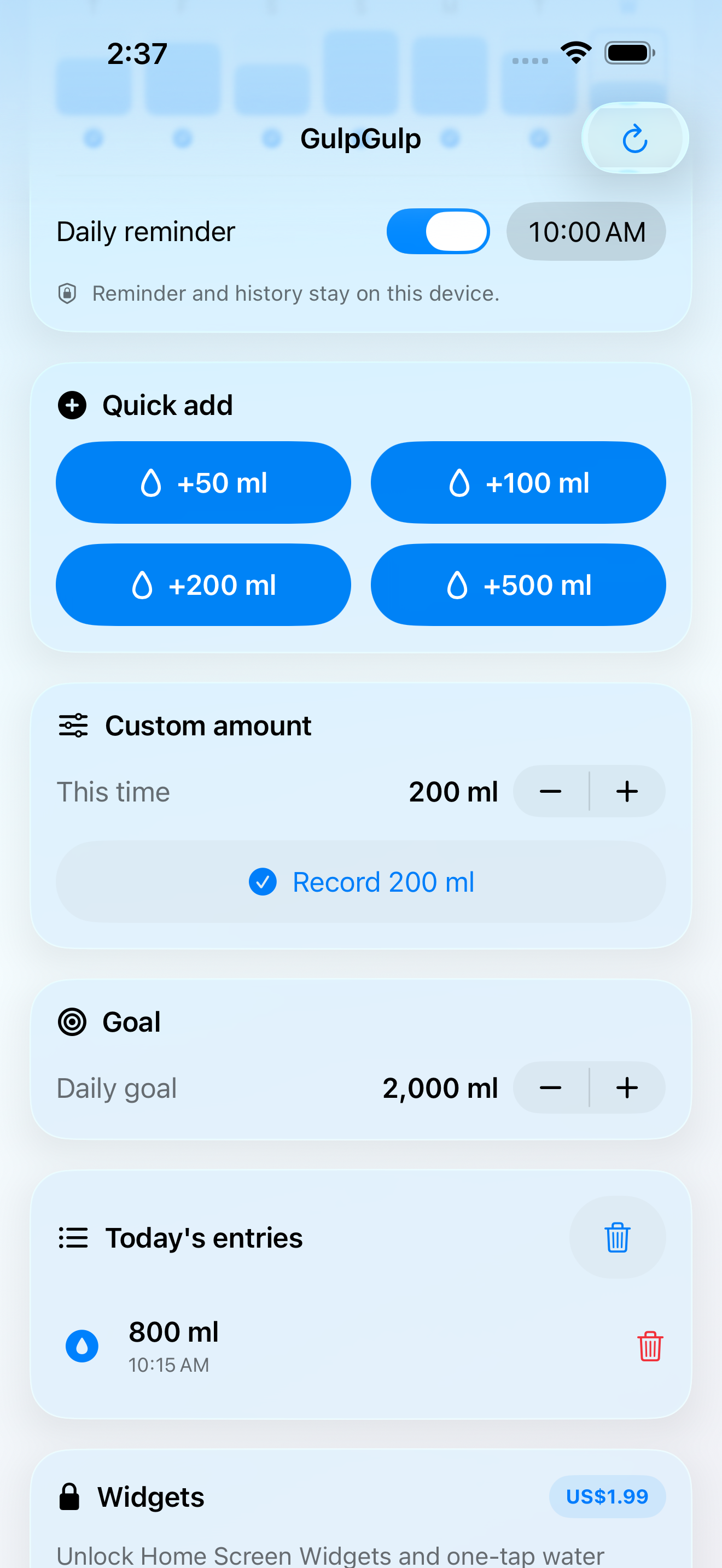 GulpGulp Quick add, Custom amount, Goal, and Today's entries controls