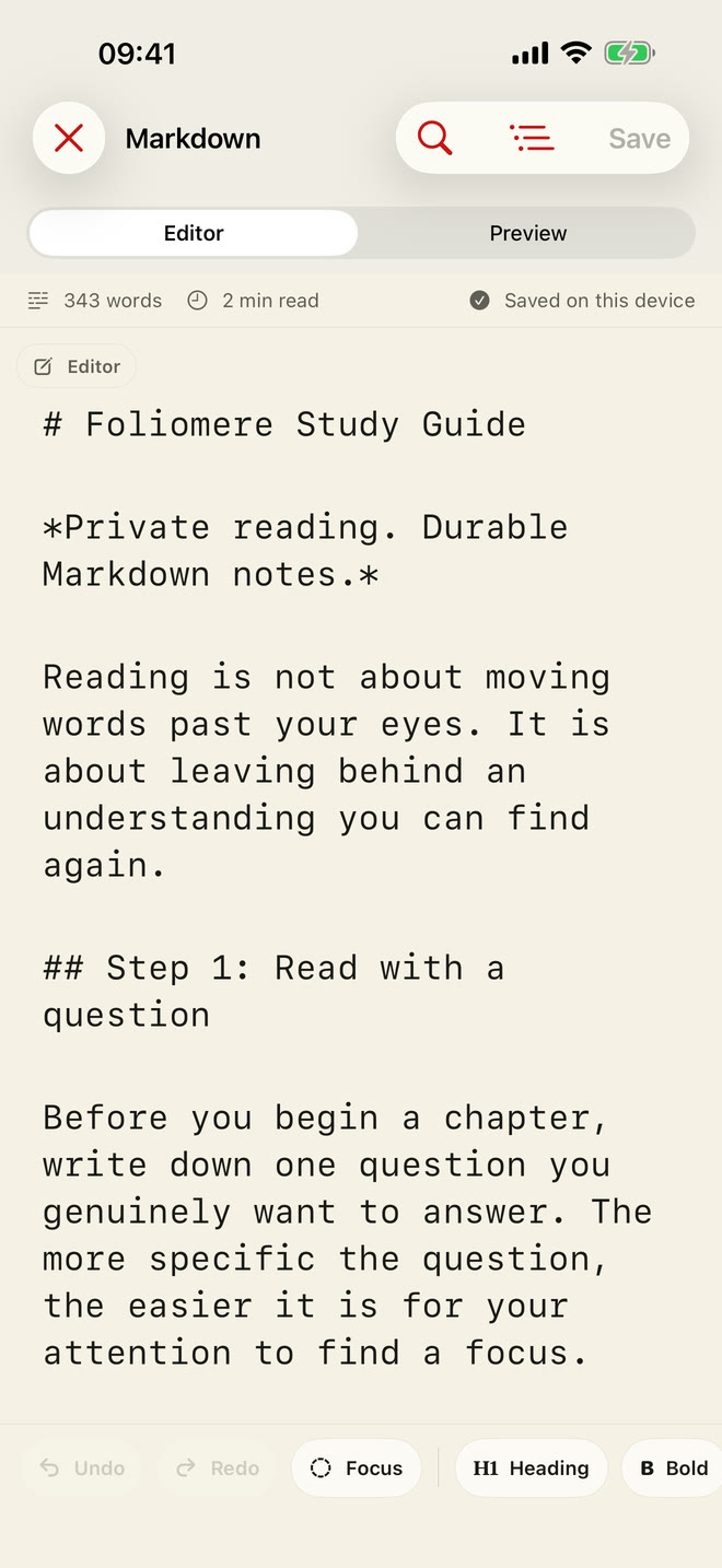 Foliomere Markdown editor with Editor and Preview modes, document statistics, and formatting tools